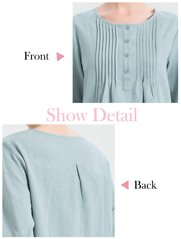 Minibee Women's Scoop Neck Pleated Blouse Solid Color Lovely Button Tunic Shirt Blue 2XL - Image 2